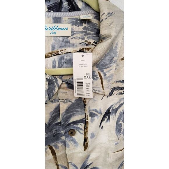 Caribbean Hawaiian Shirt Multicolor Cream/Blue Palm Trees Button Down 2XB NWT - Picture 7 of 11